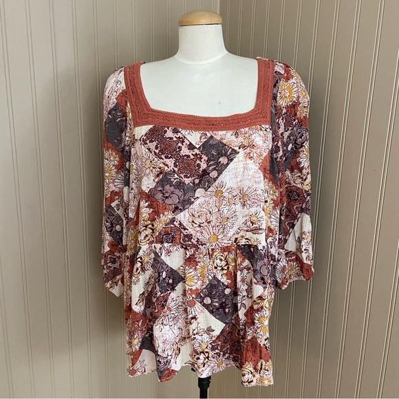 Maurices Tops - Maurices Bohemian Floral Burnt Orange Patchwork Blouse Women’s 1X